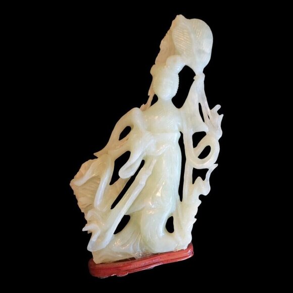 Set of 4 Vintage GESHIA's Asian Italy Green Jadeite Glass Figurines Wood Base - Picture 6 of 16